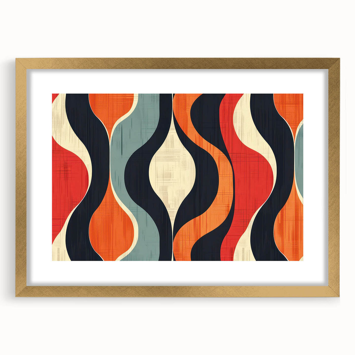 Abstract minimalist design wall art collection featuring a gold frame and mat in a contemporary setting. Ideal for modern home decor, enhancing elegance.
