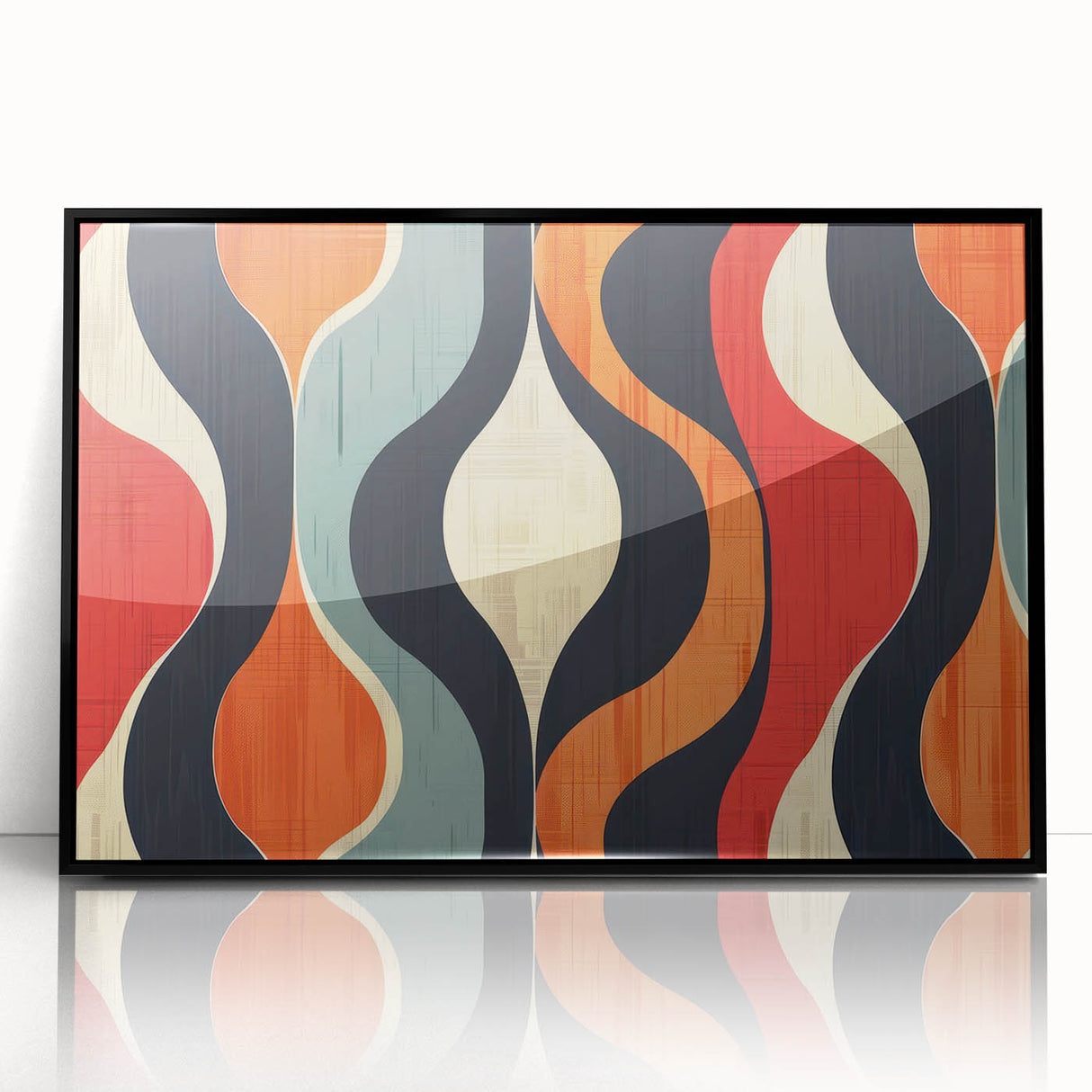 Framed minimalist wall art featuring an abstract design in black, showcasing geometric shapes on a sleek acrylic surface, ideal for modern decor.