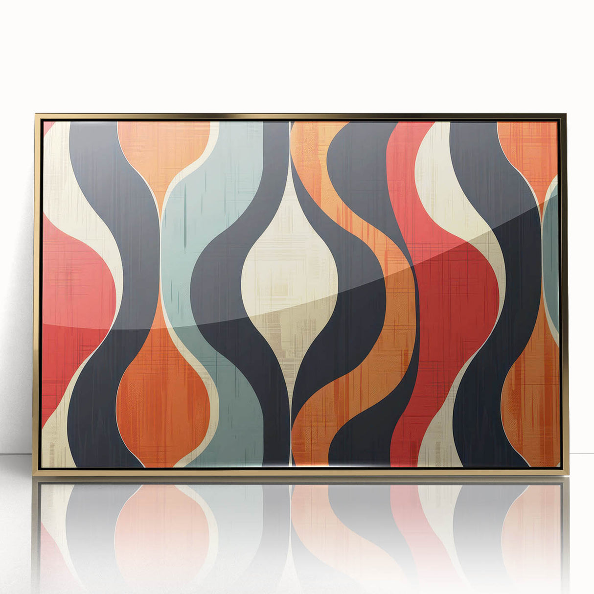 Framed wall art featuring an abstract minimalist design with gold accents, showcasing a sleek acrylic front. Perfect for modern home decor and artistic spaces.