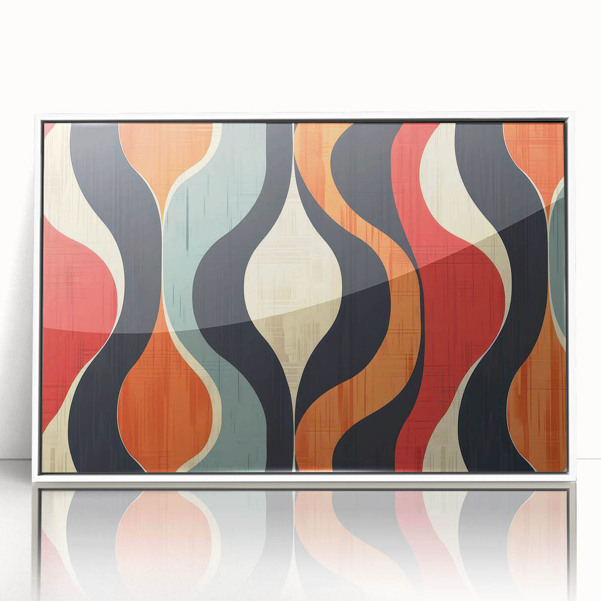 Abstract minimalist wall art design featuring a framed acrylic piece with a sleek white border, showcasing geometric shapes in soft pastel colors, perfect for modern home decor.