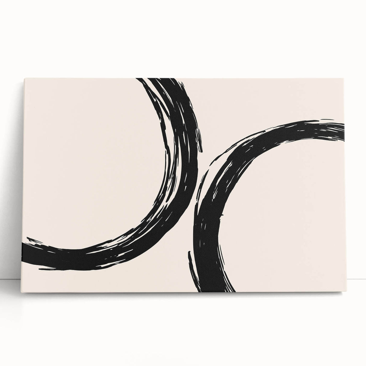 Abstract minimalist wall art design featuring soft pastel colors and geometric shapes, stretched on canvas and leaning against a neutral wall, perfect for modern decor.