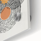 Close-up of an abstract minimalist wall art piece showcasing a vibrant geometric design in shades of blue and yellow, printed on acrylic glass, ideal for modern decor.