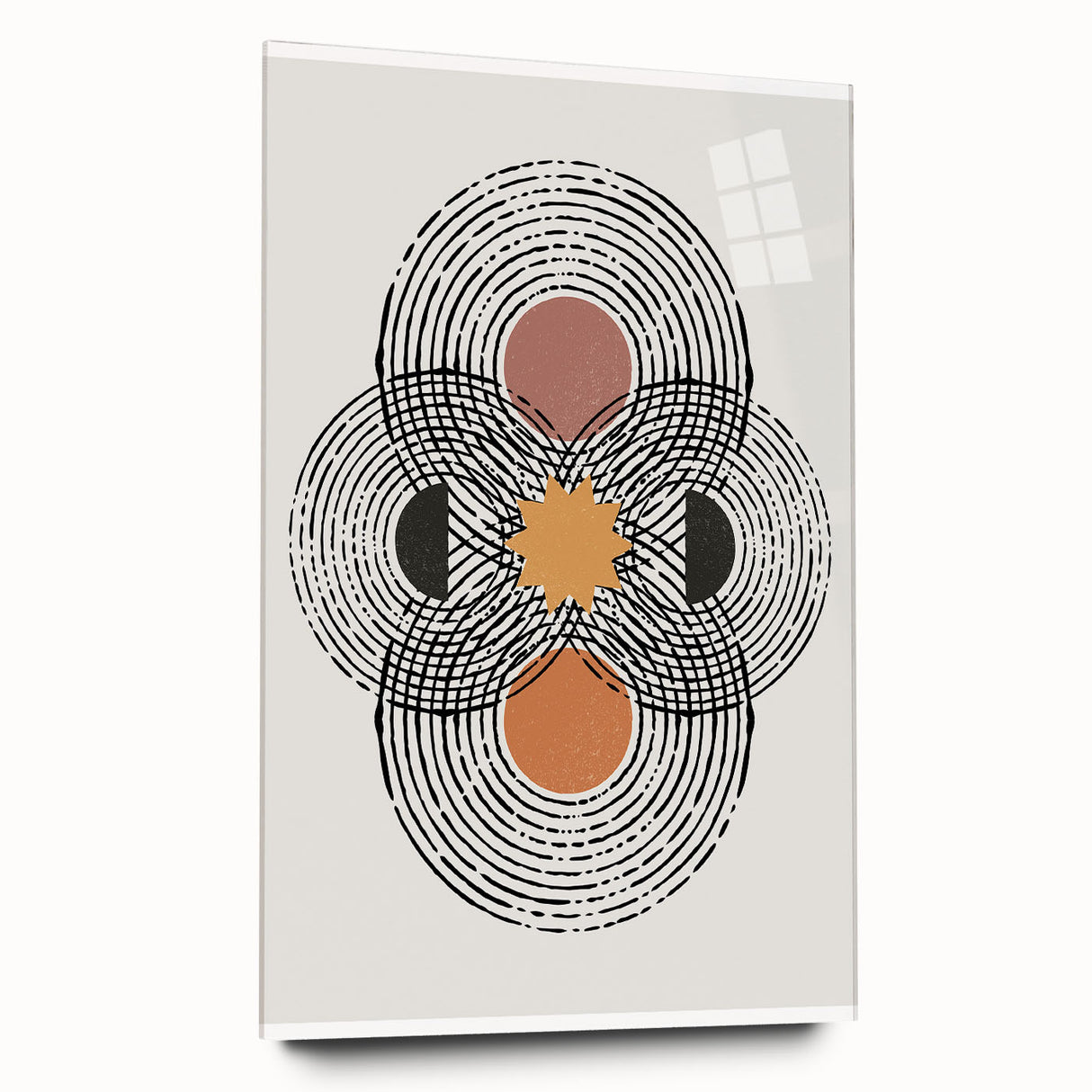 Abstract minimalist wall art design featuring a serene landscape in soft pastel colors, displayed in a sleek acrylic frame without visible pins, ideal for modern home decor.