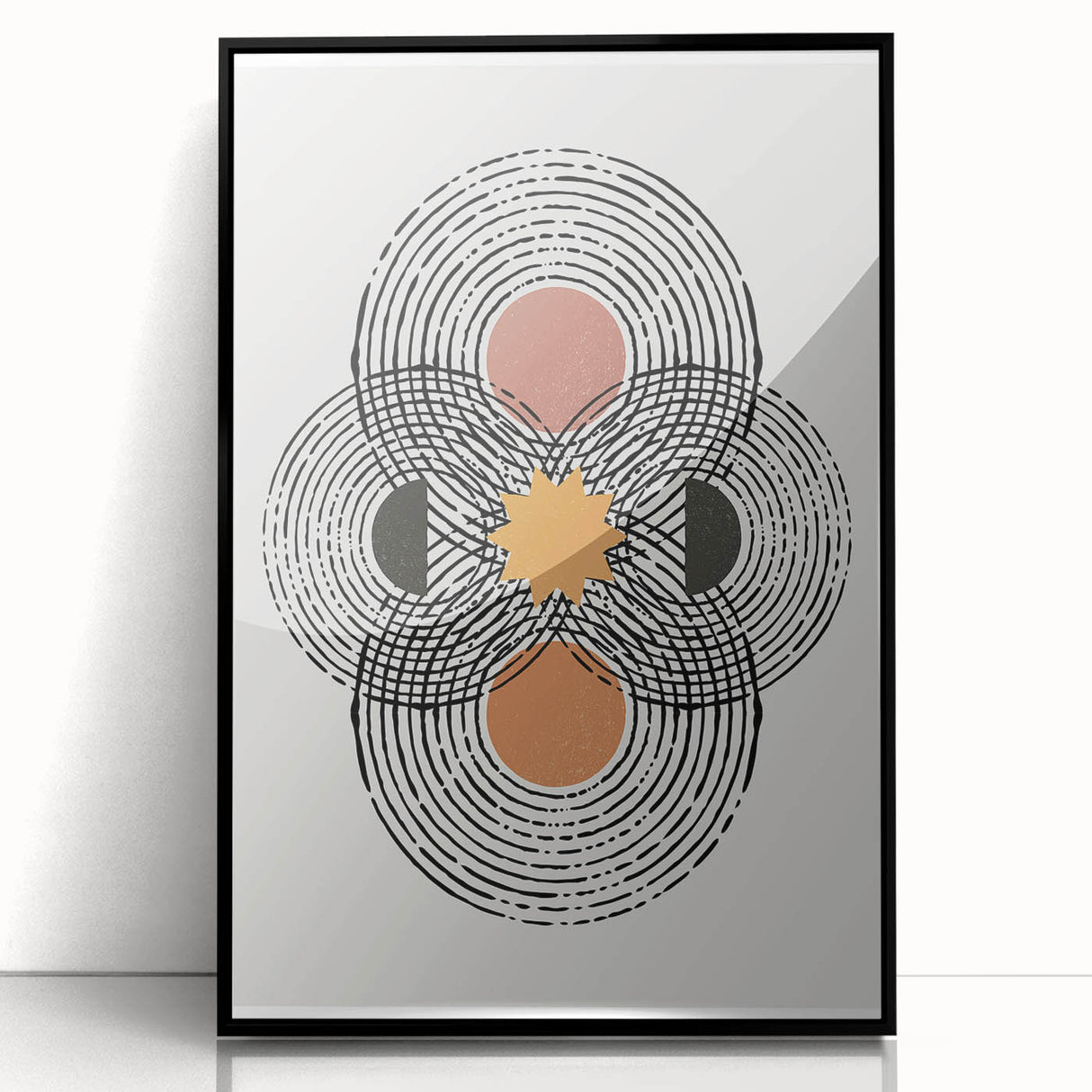 Framed abstract minimalist wall art design featuring a sleek black frame and acrylic glass, showcasing a contemporary aesthetic ideal for modern home decor.