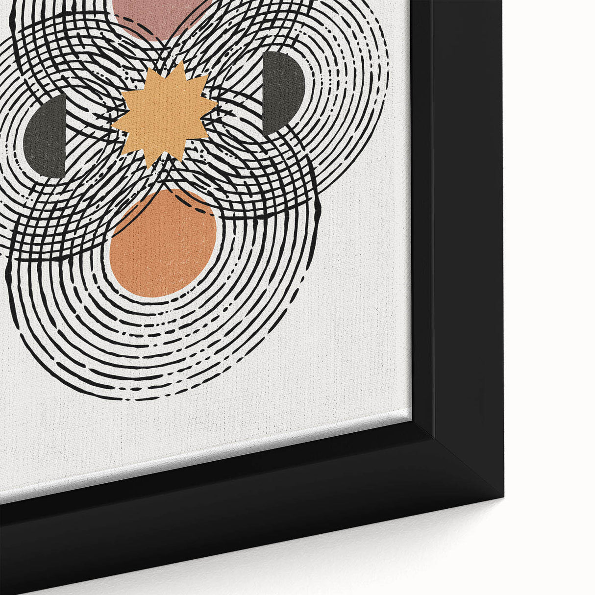 Close-up of an abstract minimalist wall art piece showcasing a blend of soft pastel colors and geometric shapes, elegantly framed for modern decor.