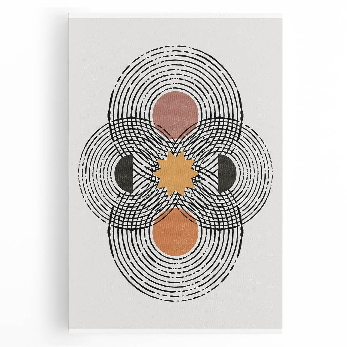 Abstract minimalist wall art design featuring a vibrant color palette with geometric shapes, elegantly stretched on a canvas, ideal for modern home decor.