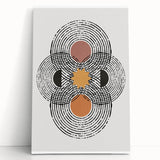 Abstract minimalist wall art design featuring a stretched canvas with soft earth tones and geometric shapes, elegantly leaning against a neutral wall, perfect for modern home decor.