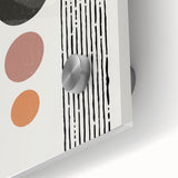 Close-up of an abstract minimalist wall art piece featuring soft pastel colors and geometric shapes, displayed on acrylic glass for a modern aesthetic.