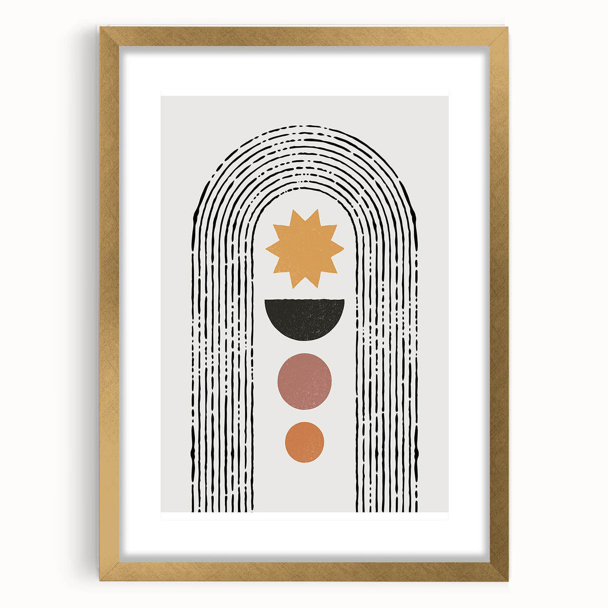 Minimalist abstract wall art design showcasing a gold-framed piece with a white mat, ideal for modern home decor and aesthetic enhancement. Perfect for elevating living spaces with contemporary elegance.