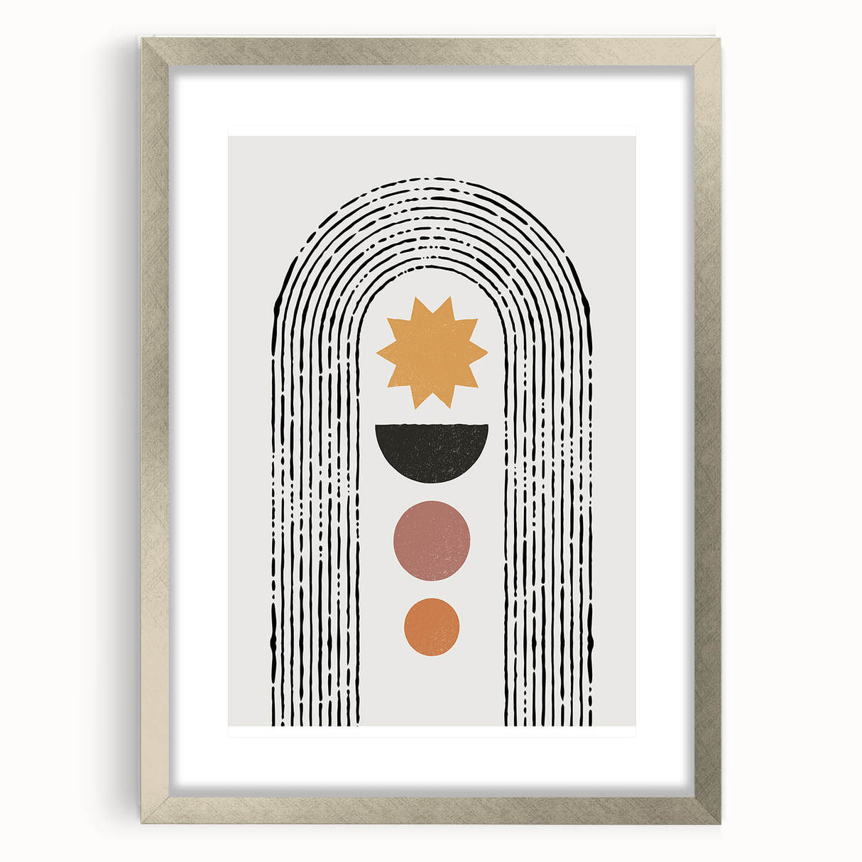 Abstract minimalist wall art featuring a silver frame and mat, showcasing a modern design ideal for contemporary home decor. Perfect for enhancing living spaces with sophistication.