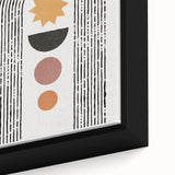 Close-up of a framed abstract minimalist wall art piece featuring soft neutral tones and geometric shapes, ideal for contemporary home decor and artistic spaces.