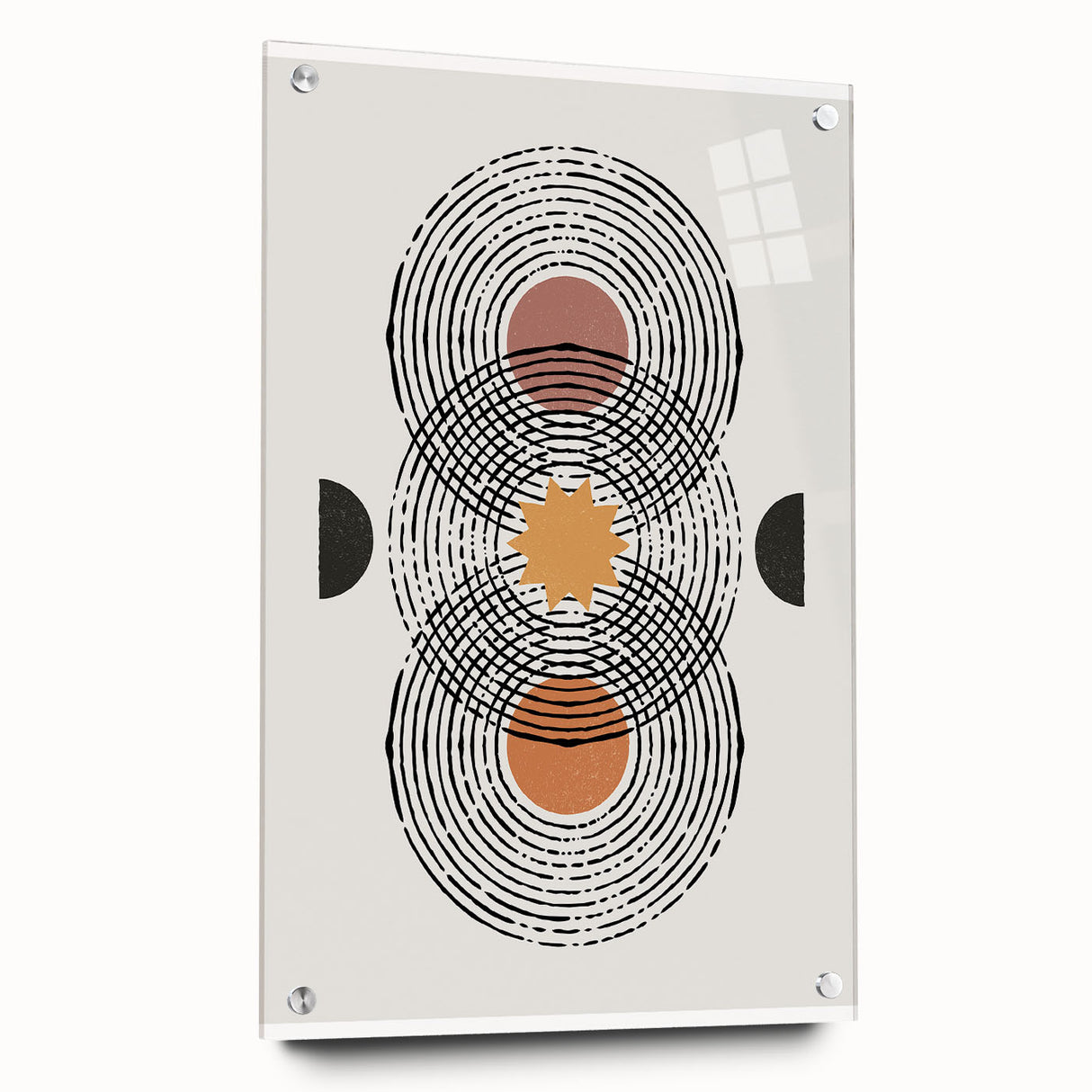 Abstract minimalist wall art collection displayed in a side view, showcasing acrylic glass finish and pin mounting, emphasizing sleek design and modern aesthetics.