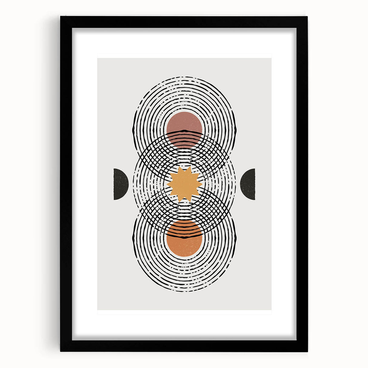 Abstract minimalist wall art collection featuring a framed piece with a black mat, showcasing a modern design ideal for contemporary decor, enhancing any living space.