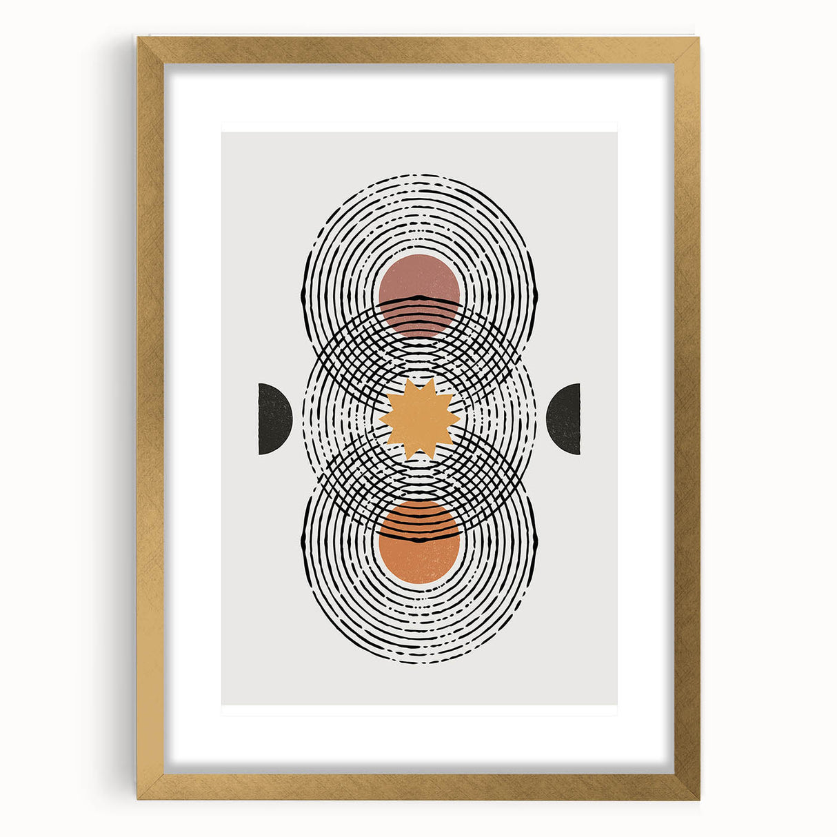Abstract minimalist wall art design featuring a gold-framed piece with a mat, showcasing a contemporary aesthetic perfect for modern interiors. Ideal for home decor.