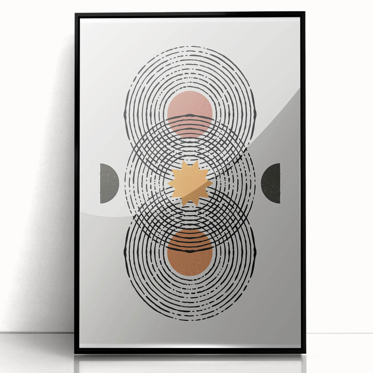 Framed abstract minimalist wall art design in black featuring geometric shapes and lines, perfect for modern home decor. Ideal for stylish interiors and art enthusiasts.