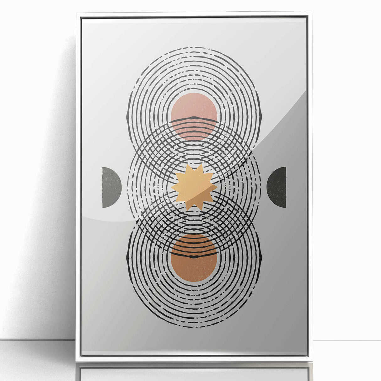 Framed acrylic wall art featuring an abstract minimalist design with soft neutral tones, showcasing geometric shapes and a sleek white frame, perfect for modern decor.