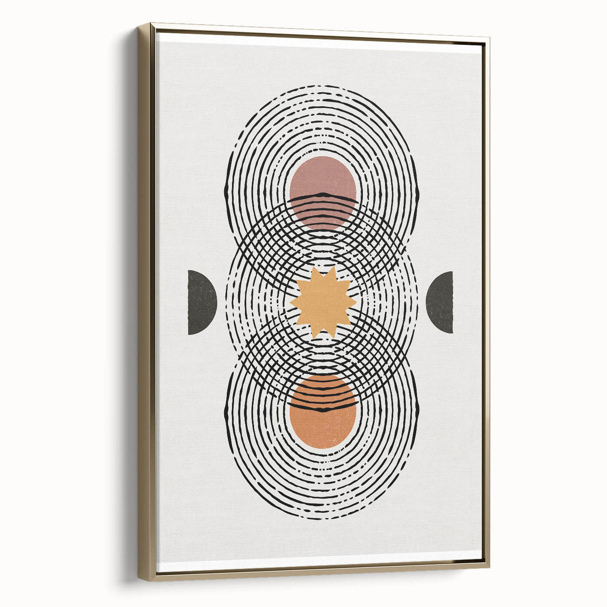 Framed canvas wall art showcasing an abstract minimalist design with gold accents, displayed from the side to highlight its sleek profile and modern aesthetic. Ideal for contemporary home decor.