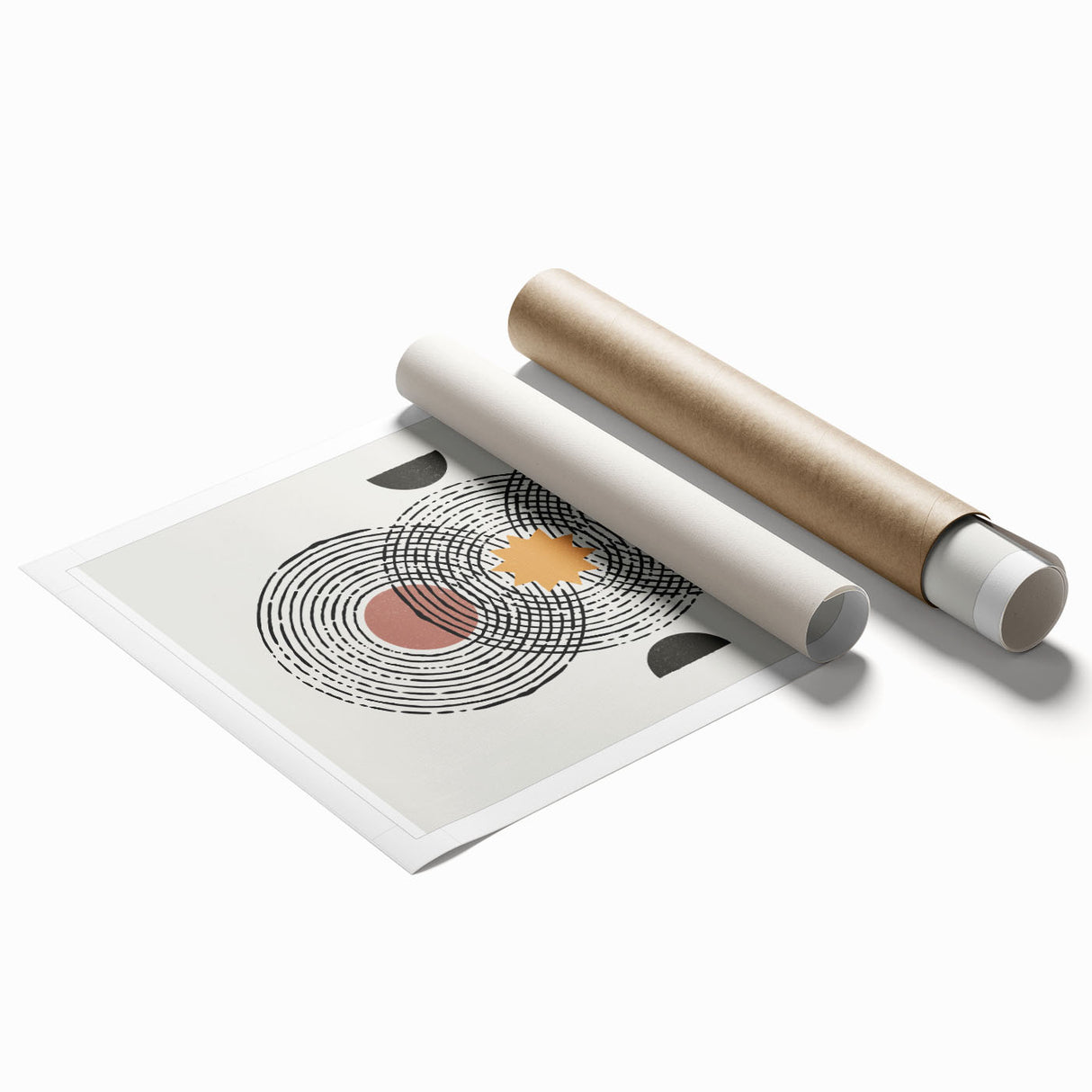 Abstract minimalist wall art print showcasing a blend of soft beige and muted earth tones, rolled and ready for display, highlighting modern interior decor aesthetics.