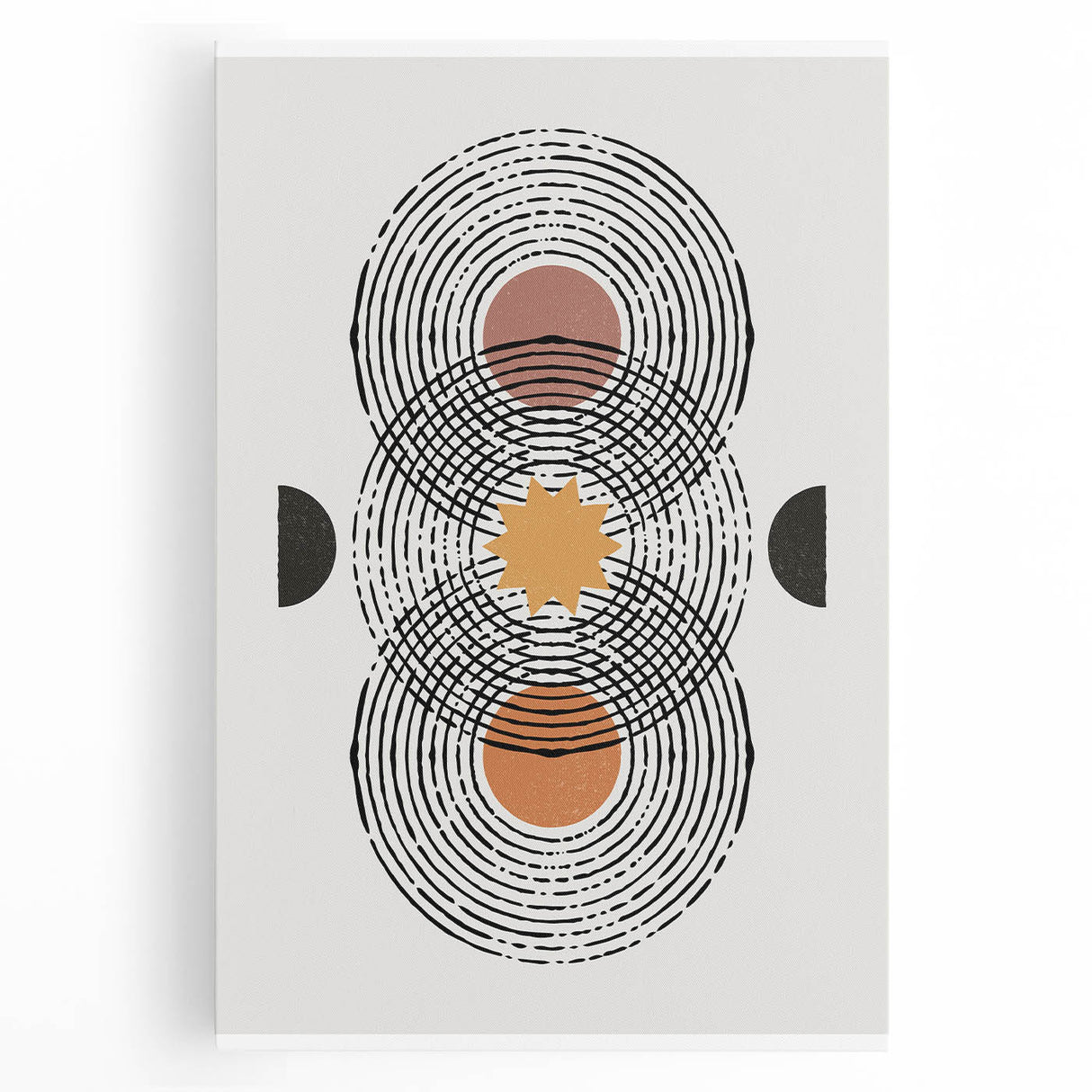 Abstract minimalist design wall art featuring subtle geometric shapes in soft pastel colors, elegantly stretched on canvas for a modern aesthetic. Ideal for contemporary home decor.