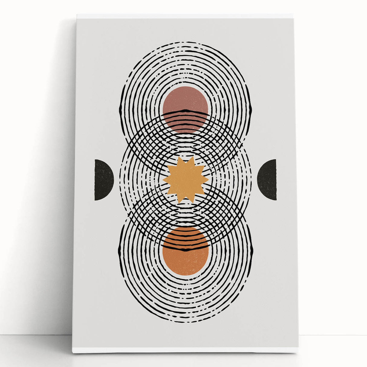 Abstract minimalist design wall art collection featuring a stretched canvas in neutral tones with geometric shapes, leaning against a white wall, ideal for modern decor.