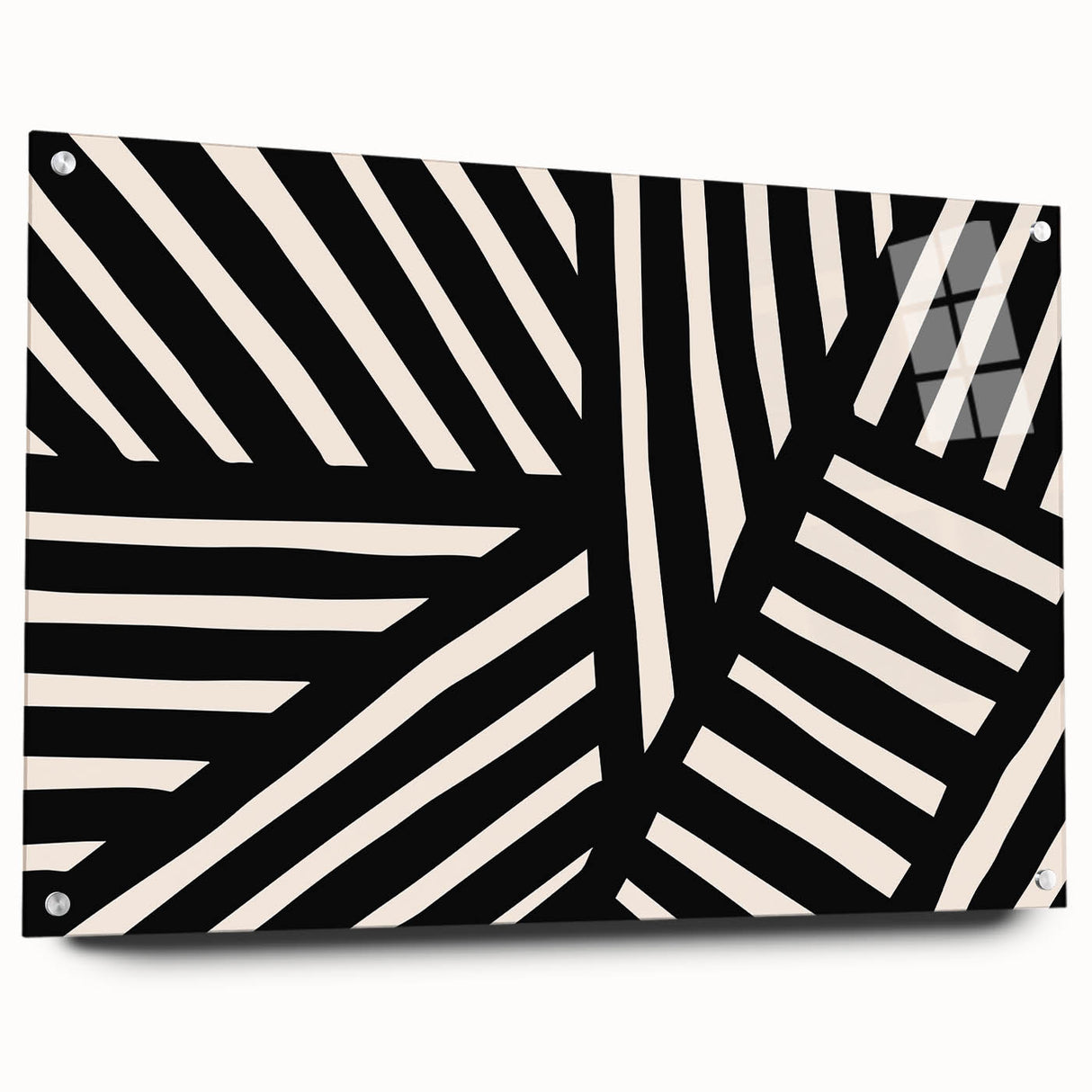 Abstract minimalist wall art collection displayed in acrylic glass, featuring a side view with visible mounting pins. The design showcases soft colors and geometric shapes, perfect for modern decor.