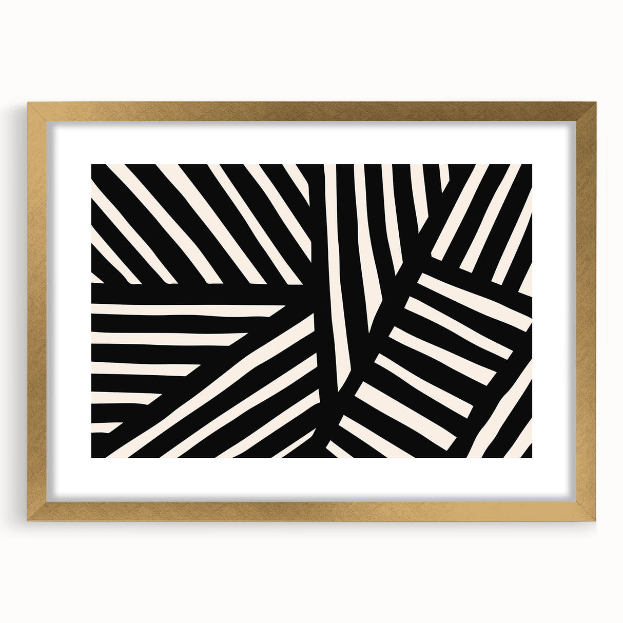 Elegant abstract minimalist wall art design featuring a gold frame with a mat, showcasing geometric shapes and soft colors, ideal for modern home decor.