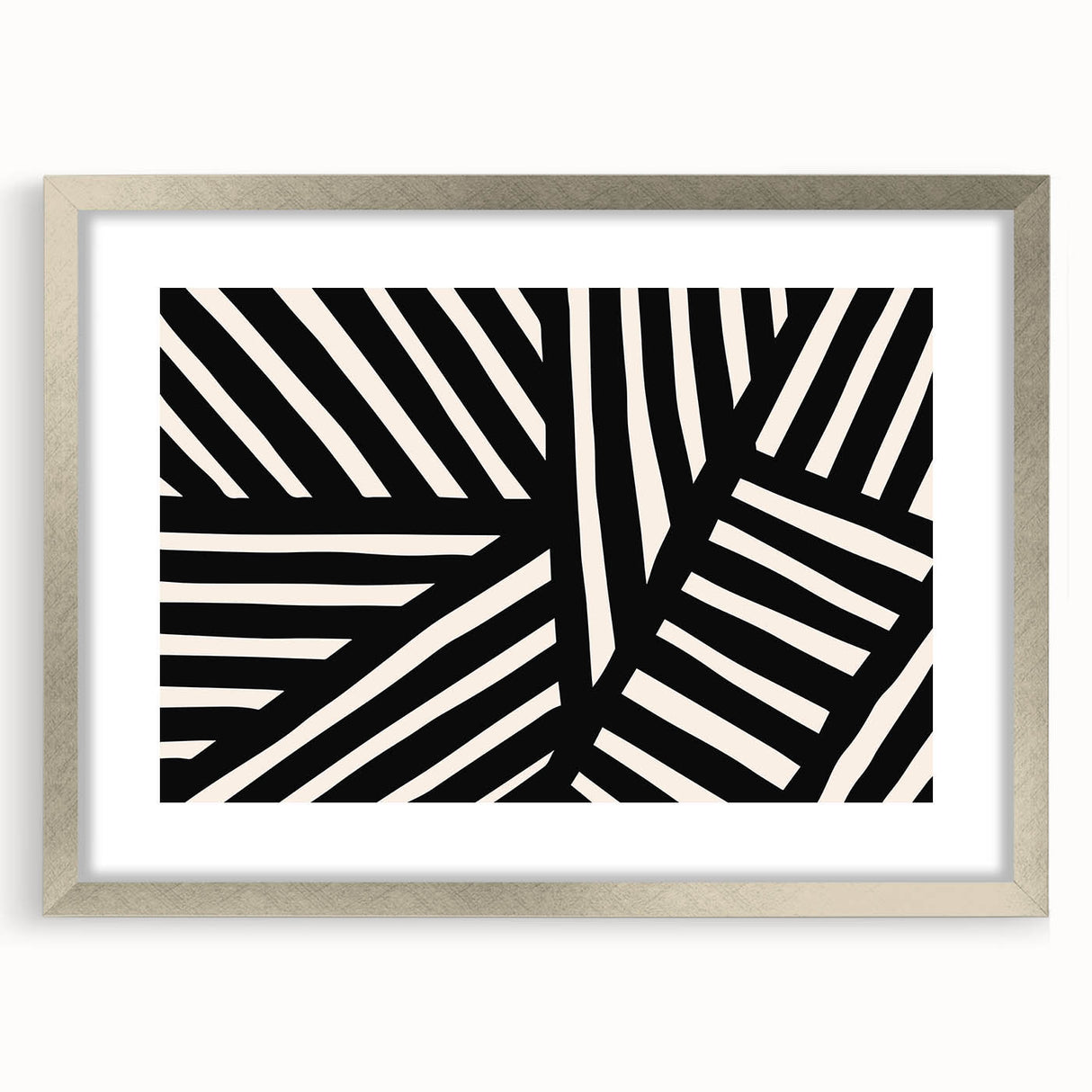 Abstract minimalist wall art design featuring a silver frame and mat, showcasing a contemporary aesthetic. Ideal for modern home decor and gallery displays.