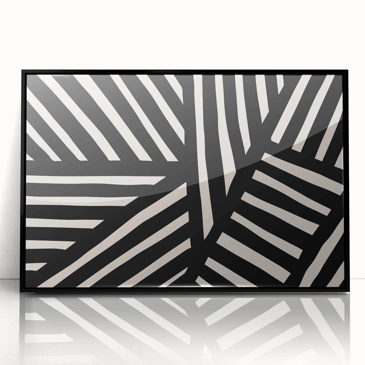 Framed abstract minimalist wall art design in black and white, showcasing geometric shapes and lines, perfect for modern home decor. This acrylic piece adds a stylish touch to any interior space, enhancing visual aesthetics.