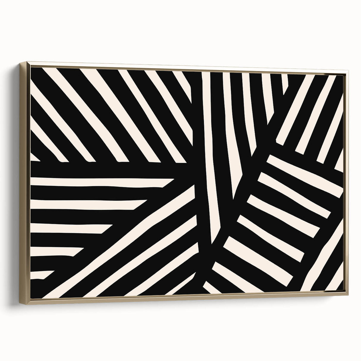 Framed wall art featuring an abstract minimalist design with gold accents, displayed in a side view showcasing its elegant frame and modern aesthetic, perfect for contemporary decor.