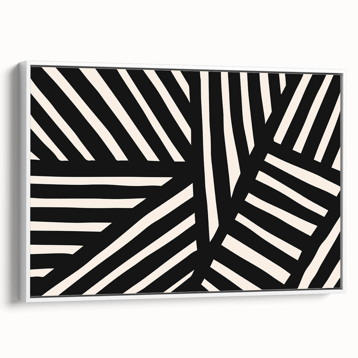 Framed canvas wall art showcasing an abstract minimalist design in neutral colors, featuring a sleek white frame and a side view perspective, perfect for modern decor.
