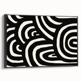 Abstract minimalist wall art design featuring a black-framed canvas with geometric shapes, enhancing modern home decor. Ideal for contemporary living spaces.