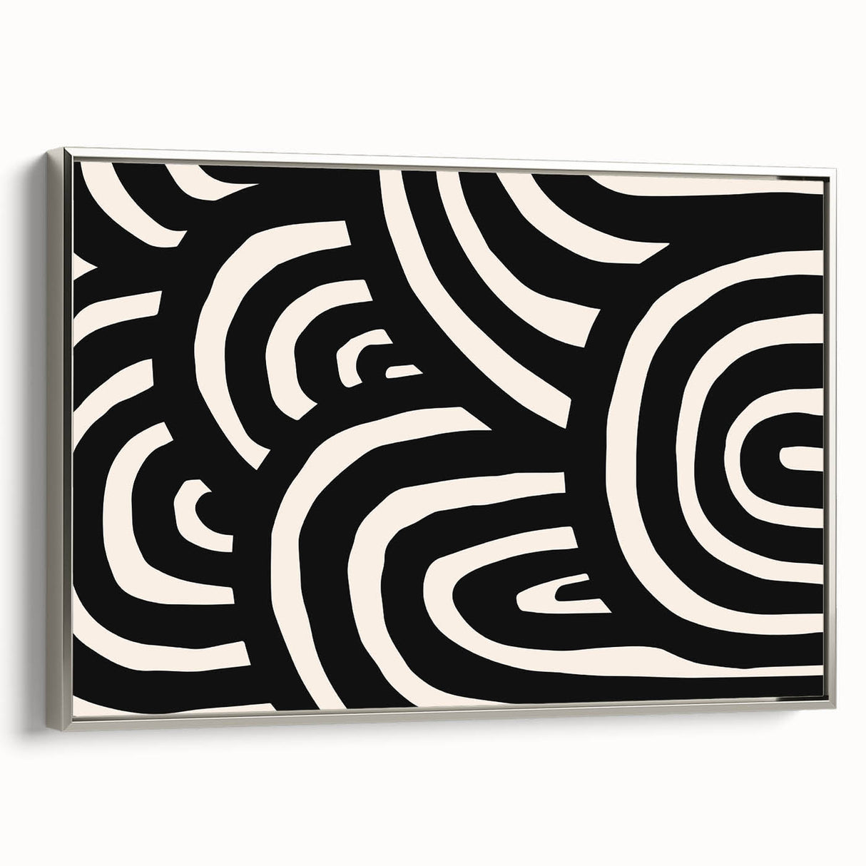 Framed canvas wall art featuring an abstract minimalist design with silver accents, showcasing a modern aesthetic suitable for contemporary home decor.