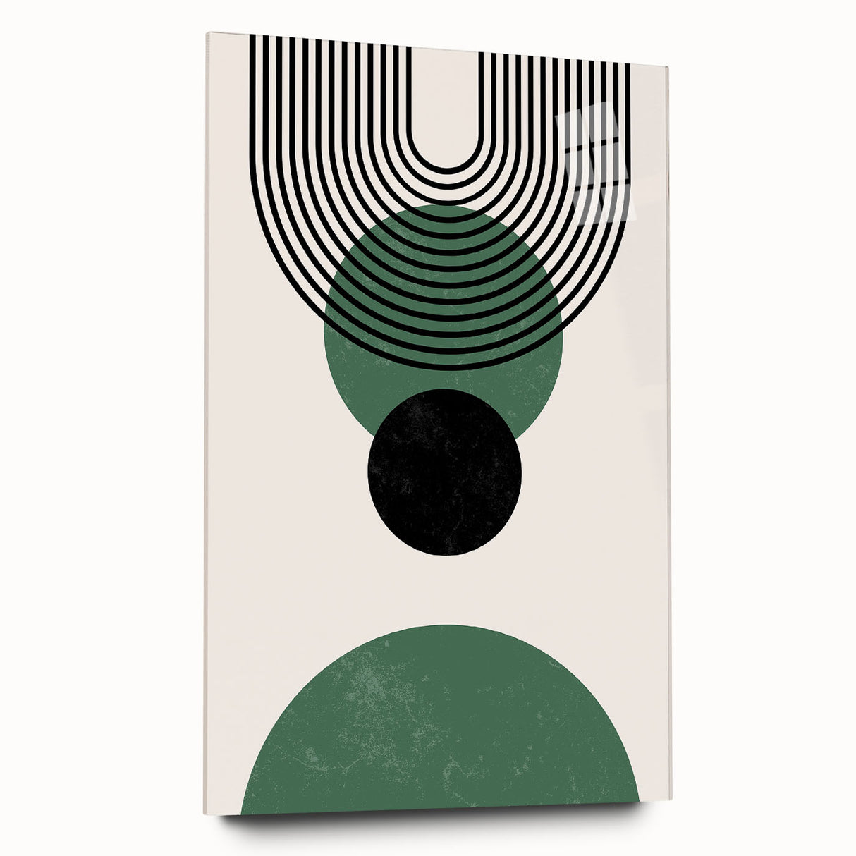 Abstract minimalist wall art collection displayed in an acrylic glass frame, showcasing a sleek side view. The design features soft neutral colors and geometric patterns, perfect for modern home decor.