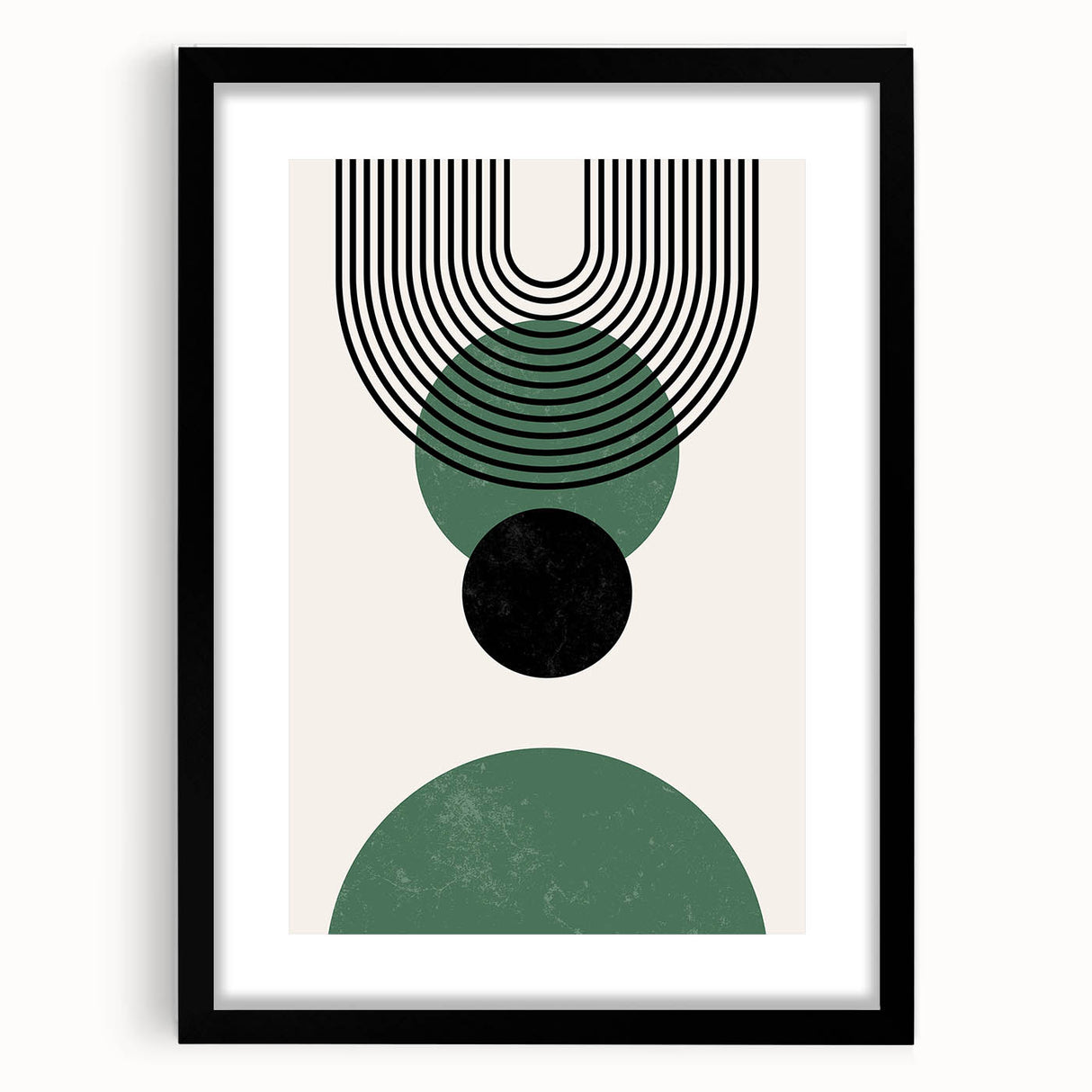 Abstract minimalist wall art collection featuring a black-framed piece with a mat, showcasing a modern design suitable for contemporary decor. Perfect for enhancing living spaces or office interiors with a stylish touch.