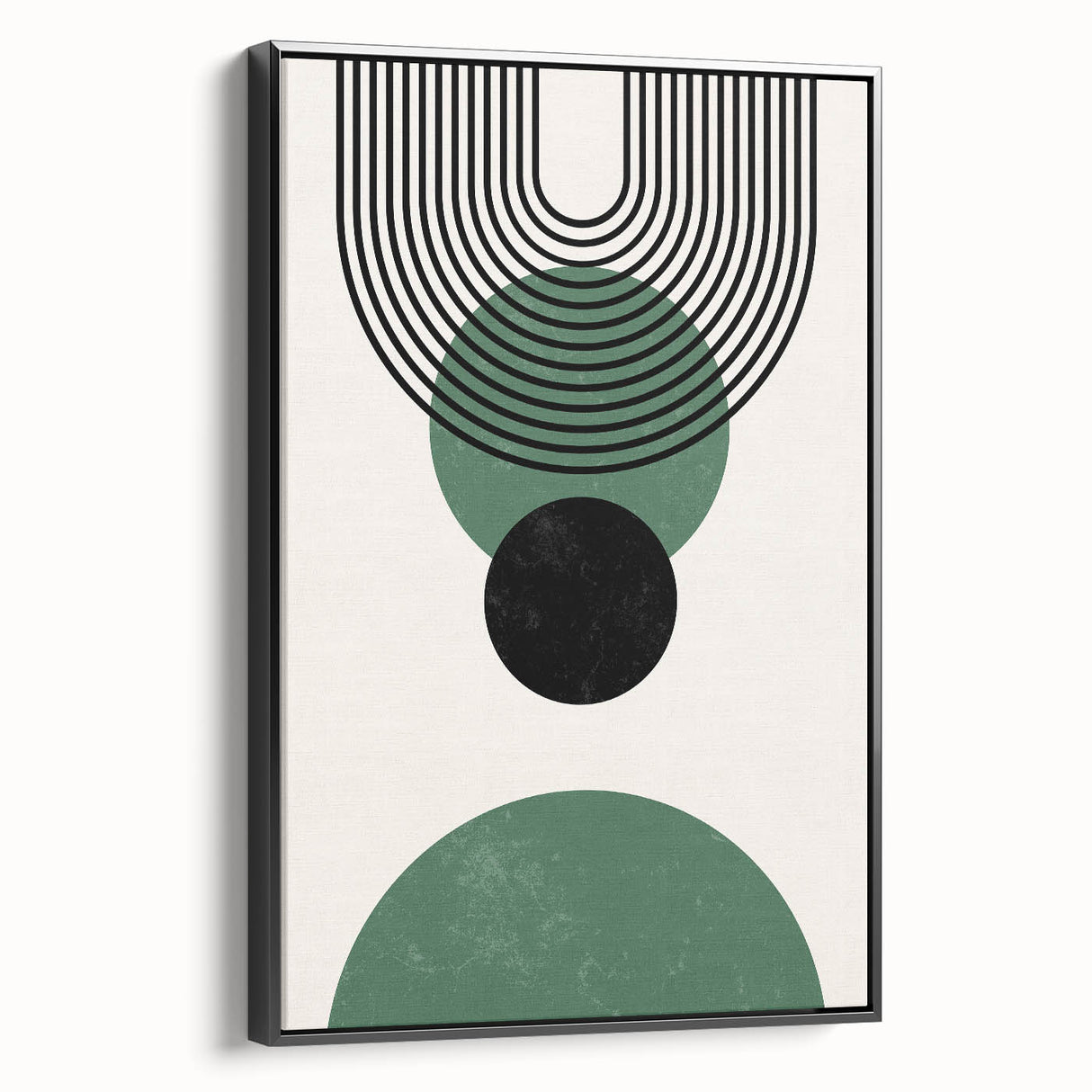 Framed black abstract minimalist wall art featuring geometric shapes and soft curves, showcased in a stylish side view against a neutral background. Perfect for modern home decor.