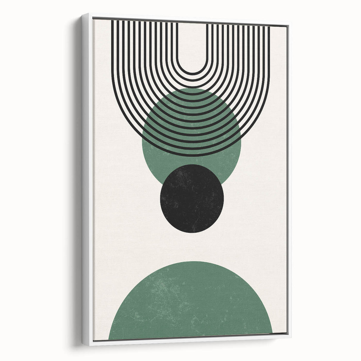 Framed abstract minimalist wall art in a white frame, showcasing a soft color palette and geometric shapes, ideal for modern home decor. Side view highlights the canvas texture and clean lines, enhancing any contemporary interior design.