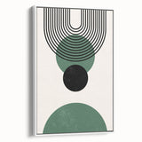 Framed abstract minimalist wall art in a white frame, showcasing a soft color palette and geometric shapes, ideal for modern home decor. Side view highlights the canvas texture and clean lines, enhancing any contemporary interior design.