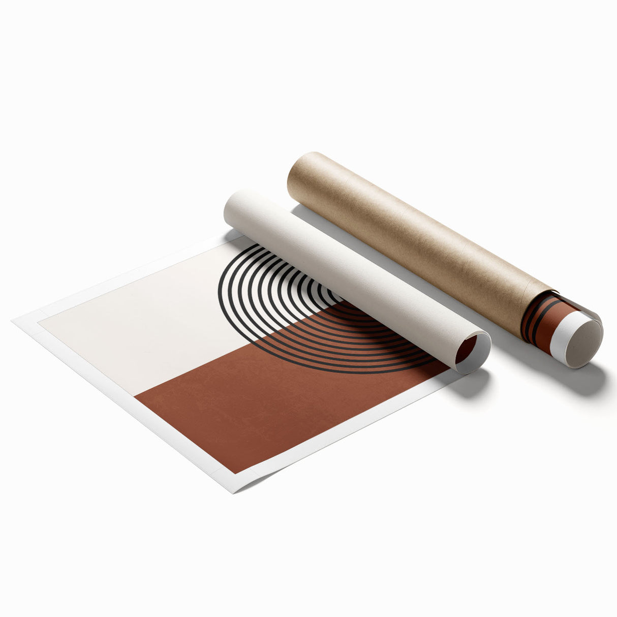 Abstract minimalist wall art print showcasing a blend of soft earth tones and geometric shapes, rolled for easy shipping and display. Ideal for modern home decor.