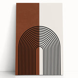 Abstract minimalist wall art design featuring a stretched canvas with vibrant colors and geometric patterns, elegantly leaning against a neutral-toned wall, perfect for modern decor.