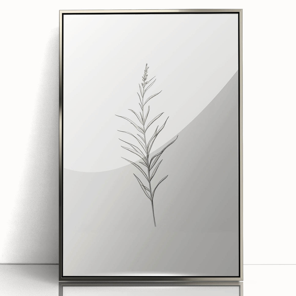Framed abstract minimalist wall art design in sleek silver frame, showcasing geometric patterns and soft color palette for modern decor.