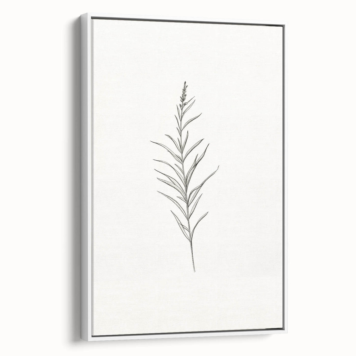 Framed abstract minimalist wall art displaying a sleek design in neutral tones, showcasing a contemporary aesthetic with a white frame.