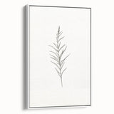 Framed abstract minimalist wall art displaying a sleek design in neutral tones, showcasing a contemporary aesthetic with a white frame.