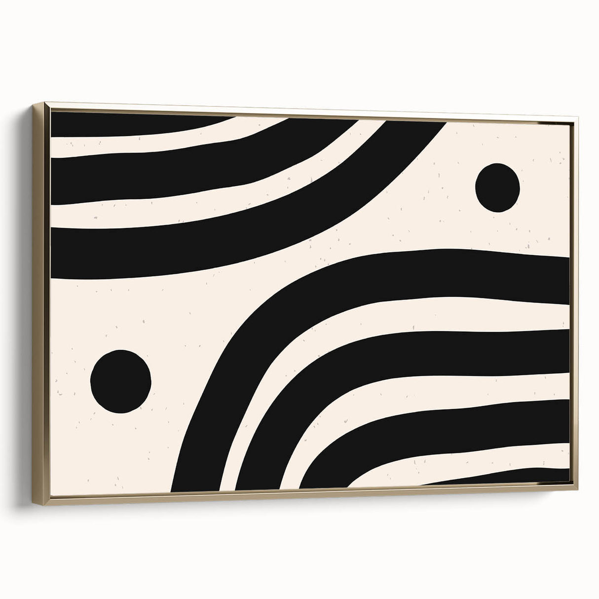 Framed minimalist wall art featuring an abstract design with gold accents, displayed from the side to showcase its sleek profile and elegant finish.