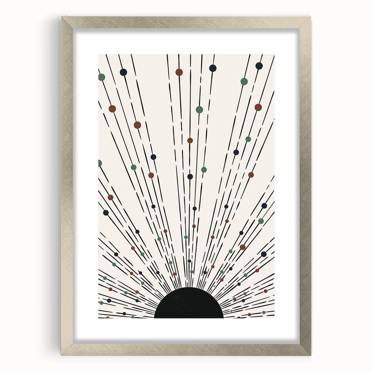 Abstract minimalist wall art design featuring a silver-framed print with a mat, showcasing geometric shapes in soft colors, perfect for modern home decor.