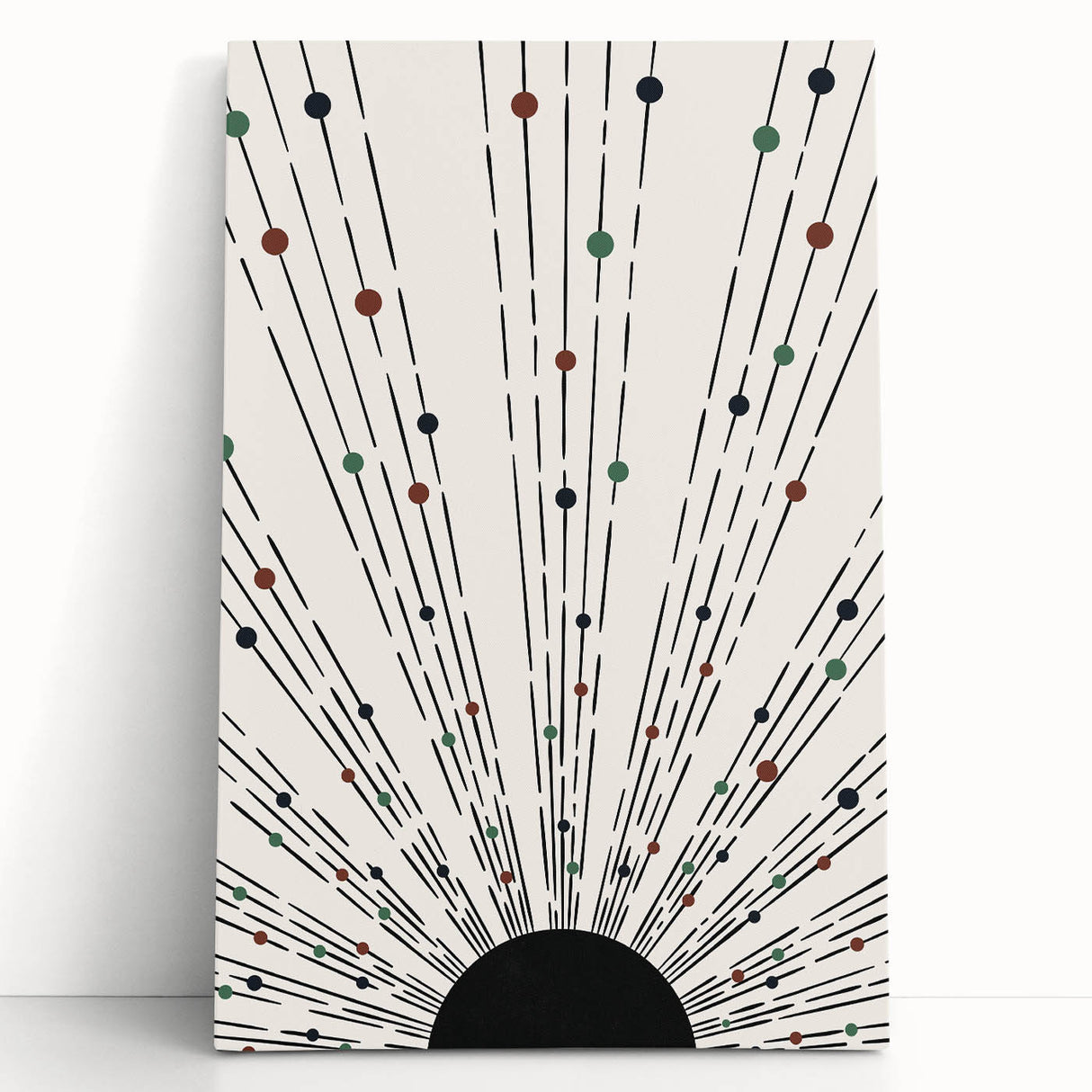 Abstract minimalist design featuring a stretched canvas wall art piece with soft pastel colors, leaning against a neutral wall, perfect for modern decor.