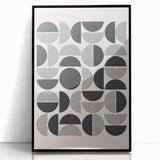 Framed minimalist wall art design featuring abstract shapes in black and white, showcasing a modern aesthetic. Perfect for contemporary home decor and stylish interiors.