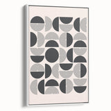 Framed abstract minimalist wall art featuring a geometric design in soft pastels, displayed in a white frame, ideal for modern home decor. The artwork adds a serene touch to any living space, enhancing aesthetic appeal with its unique composition and colors.