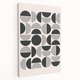 Abstract minimalist wall art design featuring a colorful geometric pattern on stretched canvas, showcasing vibrant hues of blue, orange, and yellow. Perfect for modern home decor.