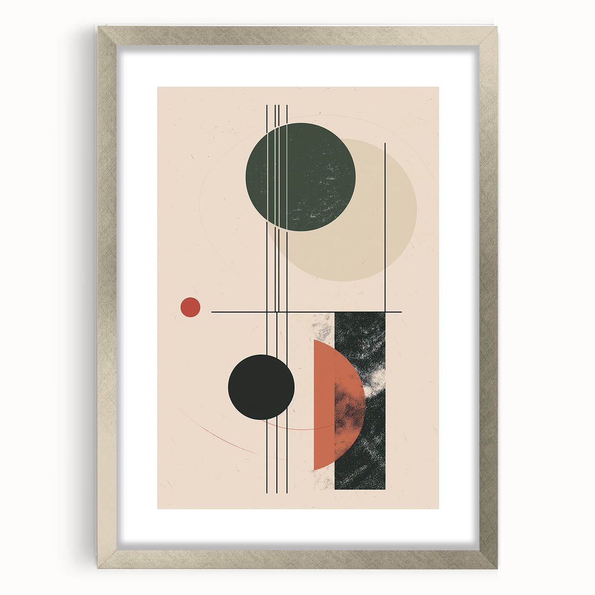 Abstract minimalist wall art design featuring a silver-framed 163 collection piece, elegantly matted, showcasing modern decor aesthetics for interior spaces.