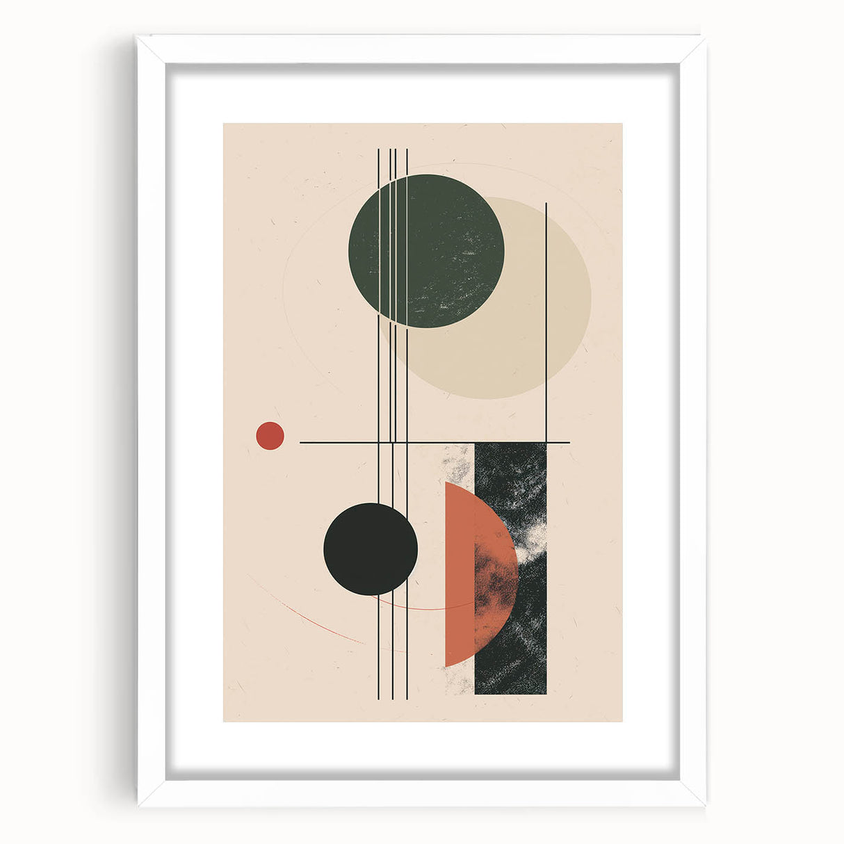 Abstract minimalist wall art design in a white frame with a mat, showcasing a modern geometric pattern. Perfect for contemporary home decor.